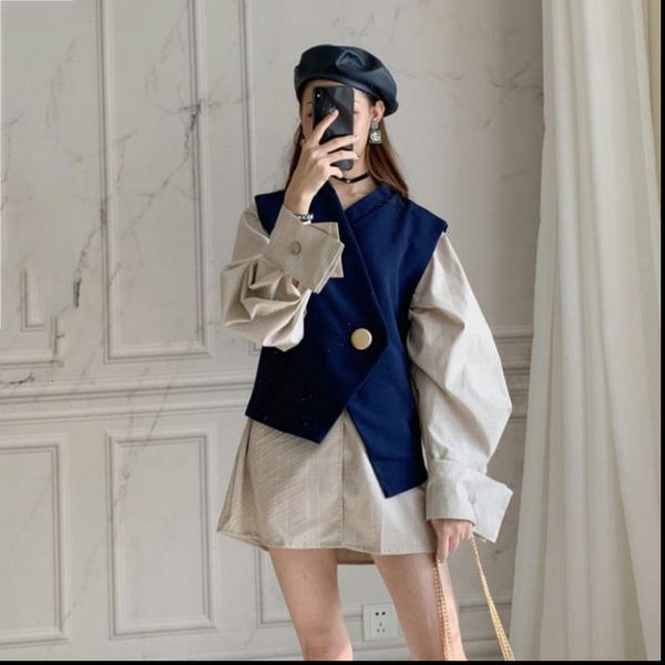 

womens tracksuits lanrem autumn v collar single breasted irregular lantern long sleeve shirt sleeveless waistcoat fashion set yg90105, Gray