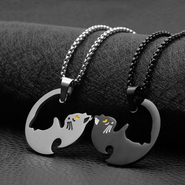 

pendant necklaces couple cat pendants necklace stainless steel cartoon puzzle ying yang for lover woman man collar collier femme kolye, Silver