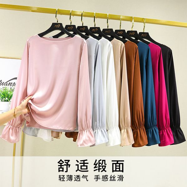 

women's t shirt sweet wind round neck long sleeve korean light ripe lantern solid color thin for women, White