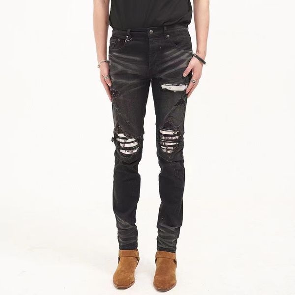 

mens jeans european and american fashion hip hop fashion, hole patch sanding leisure slim pants teenagers, Blue