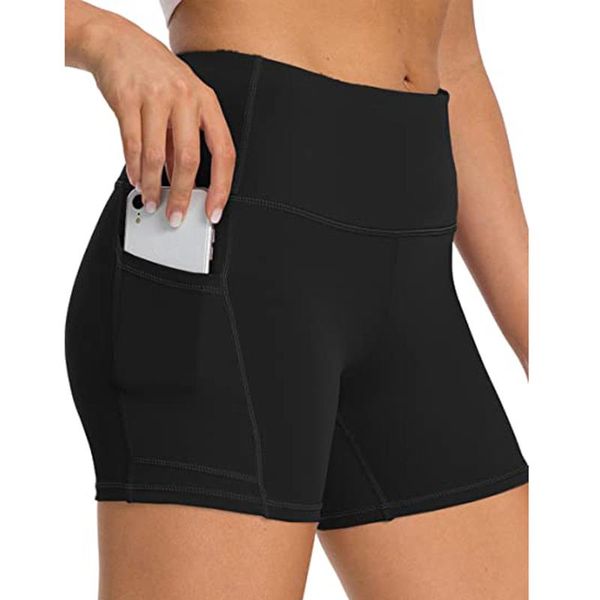 

yoga outfit lady solid pocket high-waist hip stretch underpants fitness running sports shorts leggings women black for female