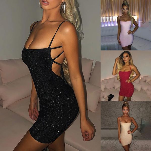

fashion spaghetti strap slim mini dress sequined backless bodycon evening casual summer party women streetwear dresses, Black;gray