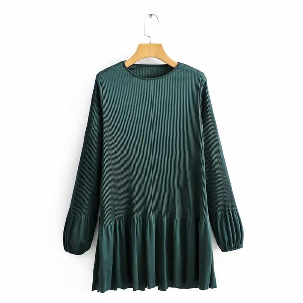 

casual dresses women basic o neck long sleeve solid color pleated mini dress female chic pleats vestidos slim hem ruffles ds3262, Black;gray