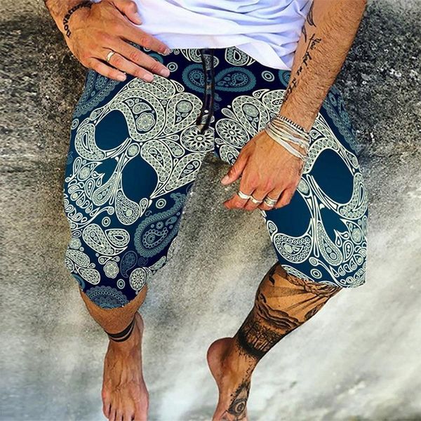 

men's shorts vintage skull print men cotton linen casual loose drawstring beach short pant for male 2021 summer fashion streetwear, White;black