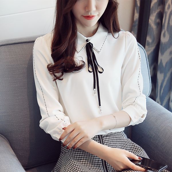 

korean women shirt blouse white shirts for long sleeve shirt blouse woman chiffon blouses office lady bow plus size 210427
