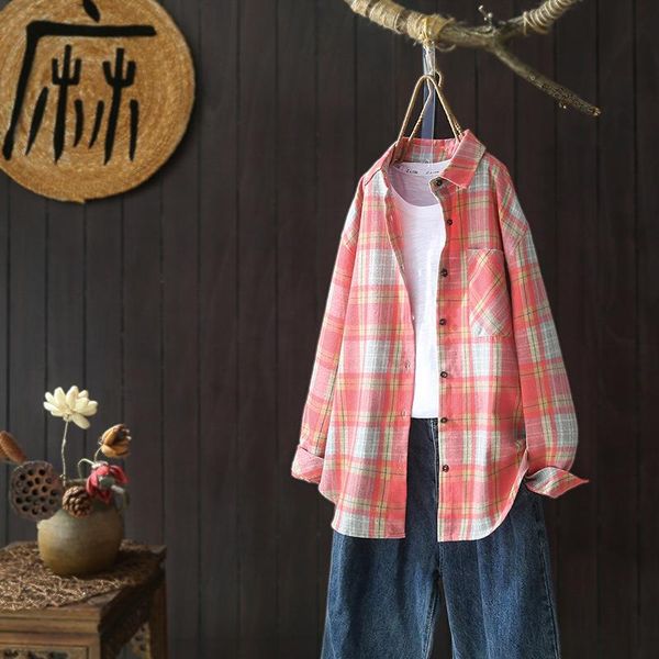 

women's blouses & shirts women korean plaid 2021 chic ladies streetwear loose shirt female outfit girls, White