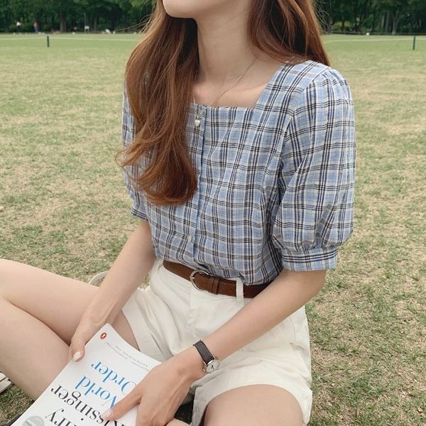 

T-shirt T-shirt Plaid Shirt women's 2021 summer new small fresh dew collarbone versatile square collar top sweet blouse, White