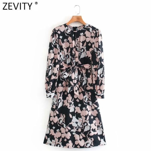 

women vintage o neck flower print bow tied sashes casual slim midi dress office lady long sleeve chic vestido ds4810 210420, Black;gray