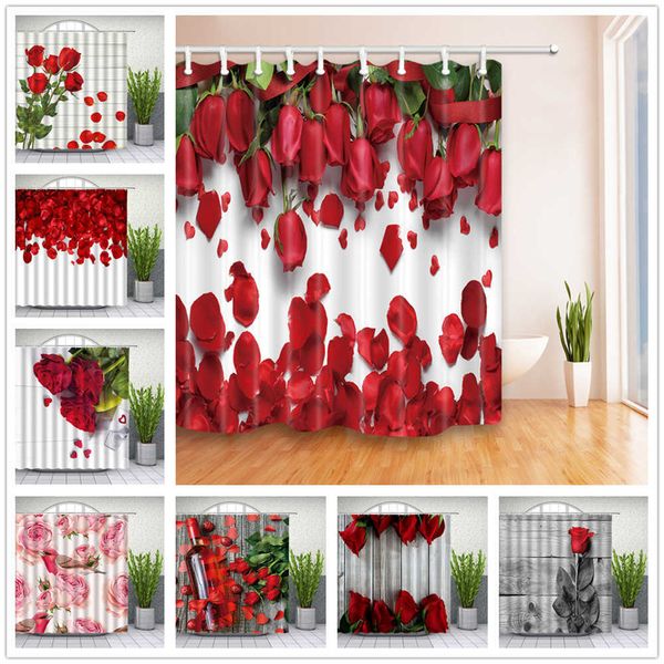 Rote Rose Blume Duschvorhänge Set Valentinstag Blumen Pflanze Jahrestag Paare Blütenblatt Badezimmer Dekor Home Badewanne Vorhang 210609