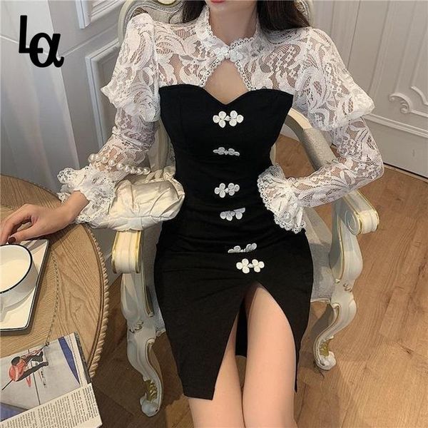 

luck a elegant patchwork dress women winter lace hollow out split mini female office lady japanese one-piece casual dresses, Black;gray