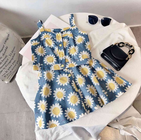 

2pcs summer set baby kids girl clothes cute strap single breasted vest floral stright skirt outfits 2 7y, White