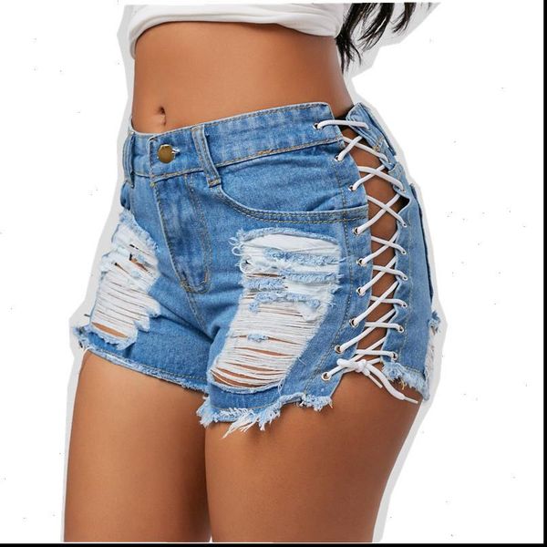 

womens short summer denim shorts women feminino ripped high waist mini solid lace hole bandage jeans, White;black