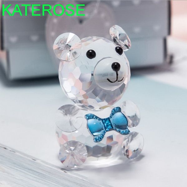 50PCS Baby Party Favors Geschenk Kristall Teddybär Ornament mit Blauer Schleife Für Junge Geburtstag Souvenir Neugeborenen Taufe Souvenir