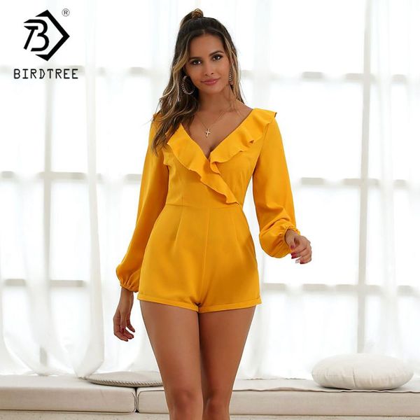 

women's jumpsuits & rompers yellow playsuit women v-neck ruffles backless zipper long sleeve jumpsuit overalls ropa mujer d02604y, Black;white