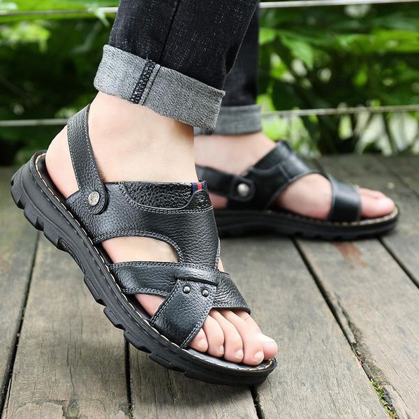 

men sandals split leather beach shoes roman casual slippers sneakers summer outdoor, Black