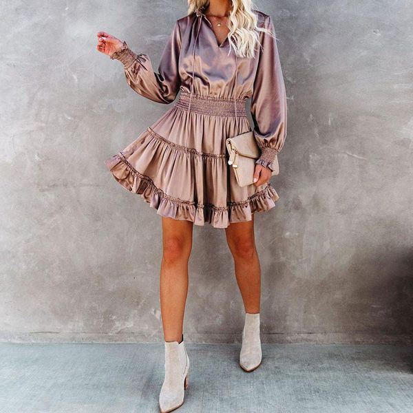 

casual dresses autumn winter v-neck ruffle satin dress 2021 ladies solid color long sleeve short a line women elegant office, Black;gray