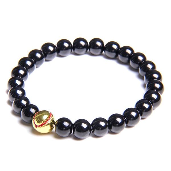 

beaded, strands basketball bracelets men natural 8 mm polished black agat beads bracelet gold alloy ball charm bangle for sports women jewel