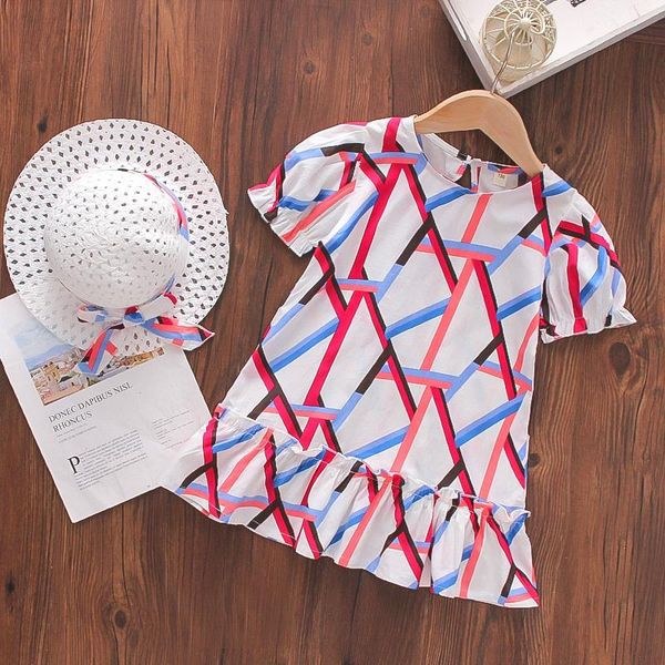 

girl's dresses girls summer dress cotton short sleeve children's clothes for girls' geometric hats vacation style kids clothi, Red;yellow
