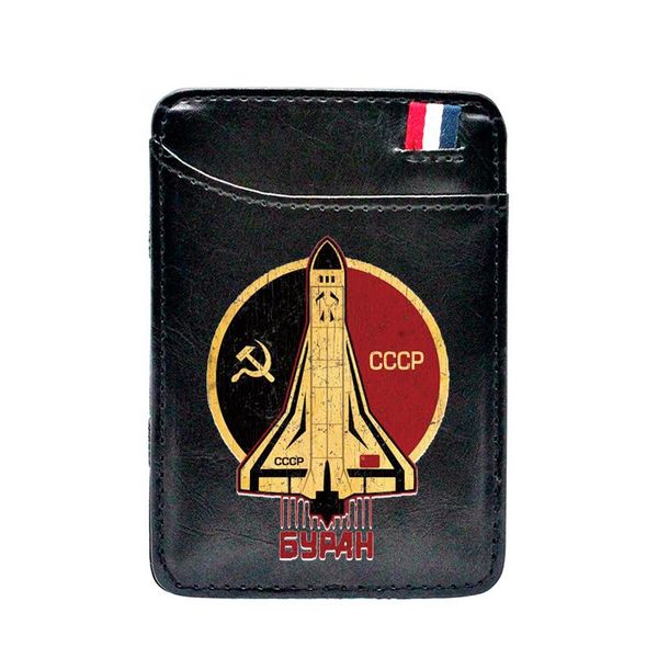 

card holders classic black soviet space badge cccp digital printing magic wallets men women leather short money clips purse, Brown;gray