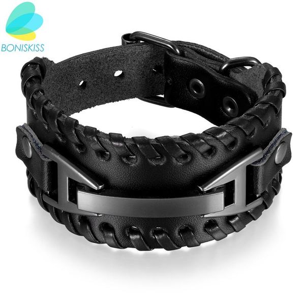 

boniskiss fashion big wide black leather bracelet with alloy clasp men bracelets jewelry pulseira masculina link, chain
