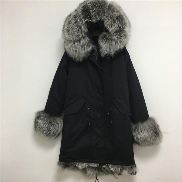 

women's fur & faux silver tartan product women style black long parka with hoodies can be custom s-4xl