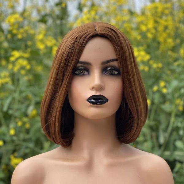 

12inch middle part short bob straight black wig synthetic wigs for women heat resistant fiber brown cosplay