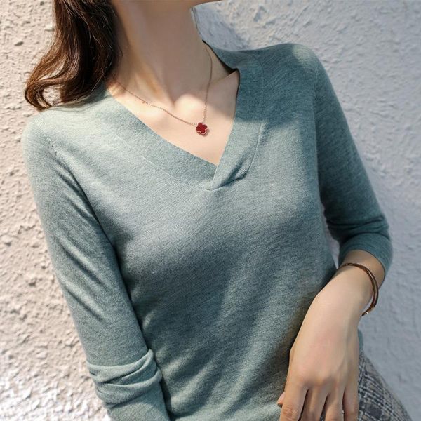 

women's sweaters 2021 autumn and winter slim sweater long-sleeved v-neck pullover bottoming shirt regular, White;black
