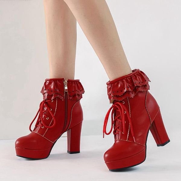 

boots brand big size 48 sweet ruffles high heels platform ankle fashion winter shoes women, Black