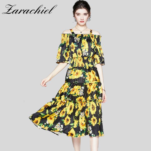 

dresses summer fashion maxi long beach stretch slash neck flare sleeve spaghetti strap ruffle elastic waist suower runway, Black;gray