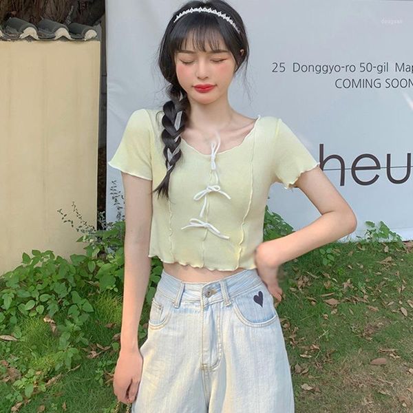 

women's t-shirt casual knitted short sleeve t shirt female summer slim women o neck bow sweet t-shirts, White