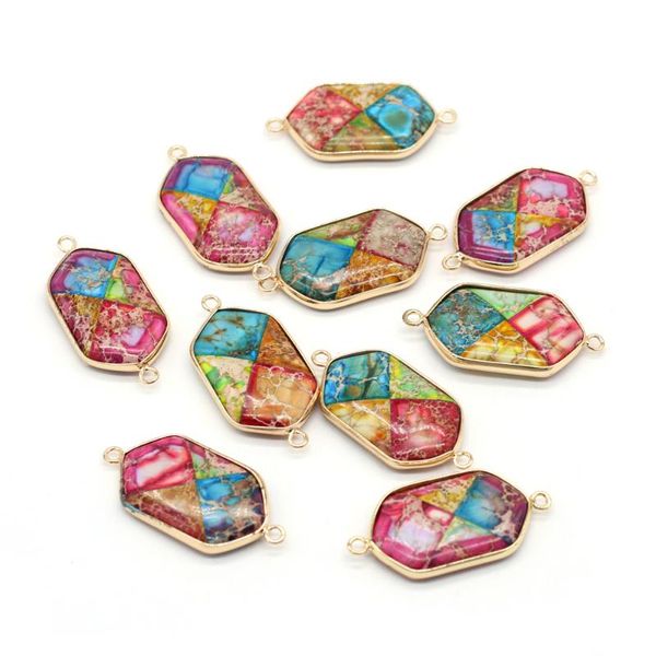 

charms fashion hexagon connector natural emperor stone gilt edge pendant for jewelry making diy necklace earring accessories 20x42mm, Bronze;silver