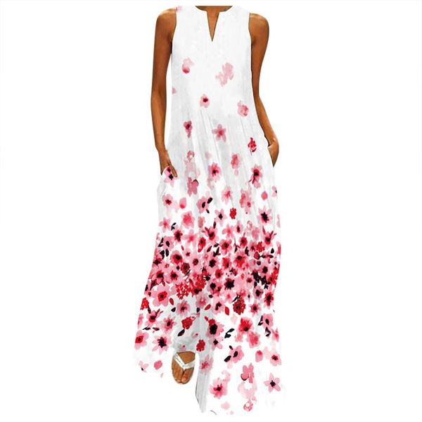 

casual dresses girls bohemian maxi party summer loose sleeveless tank 2021 ladies round neck floral printing long dress, Black;gray