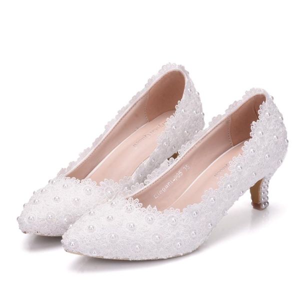

spring crystal pearl lady white lace wedding shoes 5cm heels sweet princess party single dress, Black