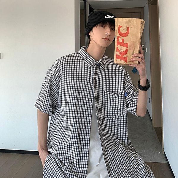 

men's casual shirts summer plaid shirt men korean fashion loose harajuku streetwear all-match social short-sleeved -2xl, White;black
