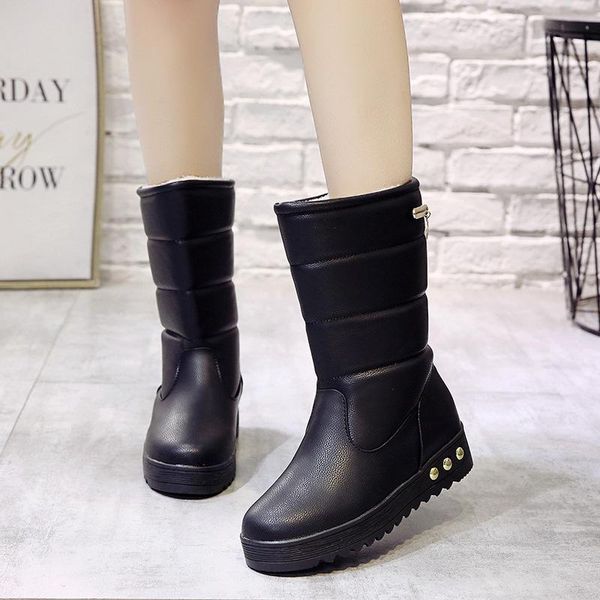 

boots snow women winter warm platform fur fringe shoes wedges heels knee high leather bota, Black