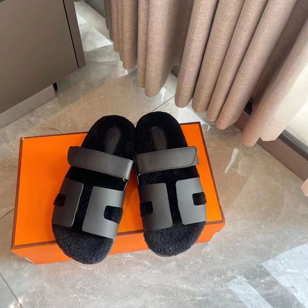 

designer luxury women h wool sandals flat heel slippers leather buckle sandal slipper fashion comfortable casual shoes with box size 35-44 a, Black