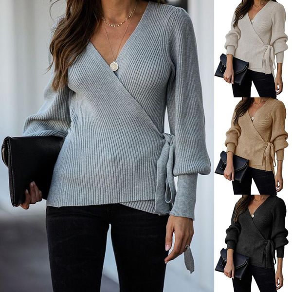 

women's polos 2021 autumn and winter products tie belt pullover sweater v-neck cross-wrapped women, White