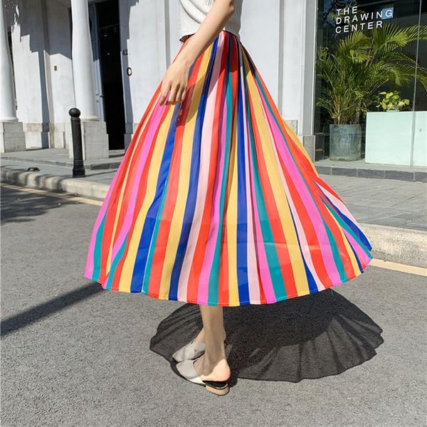 

skirts retro floral print vintage womens 2021 high waist midi skirt cotton summer swing stripe fashion, Black