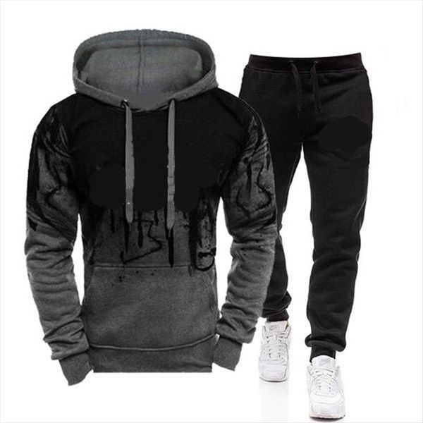 

spring hooded sweater set 2 mens tracksuits piece sweatshirt pants pullover sportswear casual clothes size  3xl, Gray