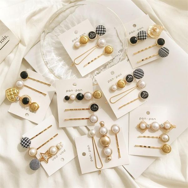 

hair clips & barrettes japanese and korean product network red clip three-piece crown pearl button word side, Golden;silver