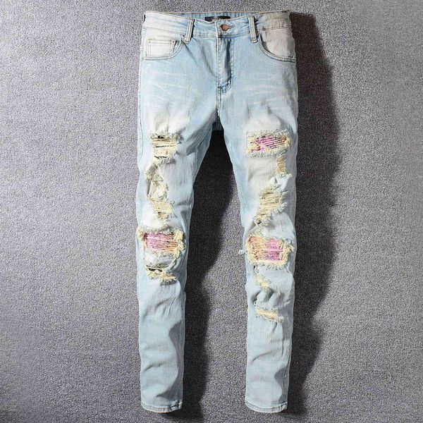 

men's jeans streetwear washed pink patch light blue men ripped fashion brand slim fit denim pants trousers big size hip hop vt2d