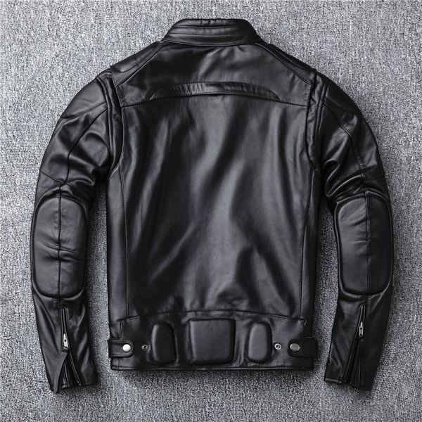 

mens genuine leather motorcycle suit cowhide stand collar biker jacket slim fit short riding winter thick lining coat men's & faux, Black