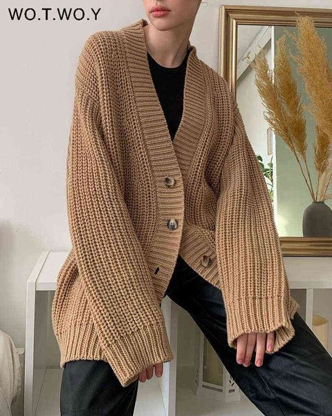 

wotwoy autumn winter casual oversized knitted cardigan women button v-neck loose sweater coats female korean long sleeve jumper 211117, White