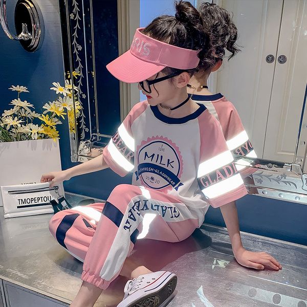 

kids clothing 2 pcs girls luminous clothing sets summer short sleeve t-shirt+pants children clothes suits 6 7 9 10 11 12 13 yrs, White