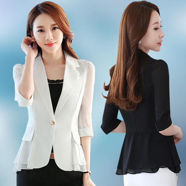 

women's suits & blazers white suit thin 2021 summer blazer jacket short slim three-quarter sleeves ruffled chiffon, White;black