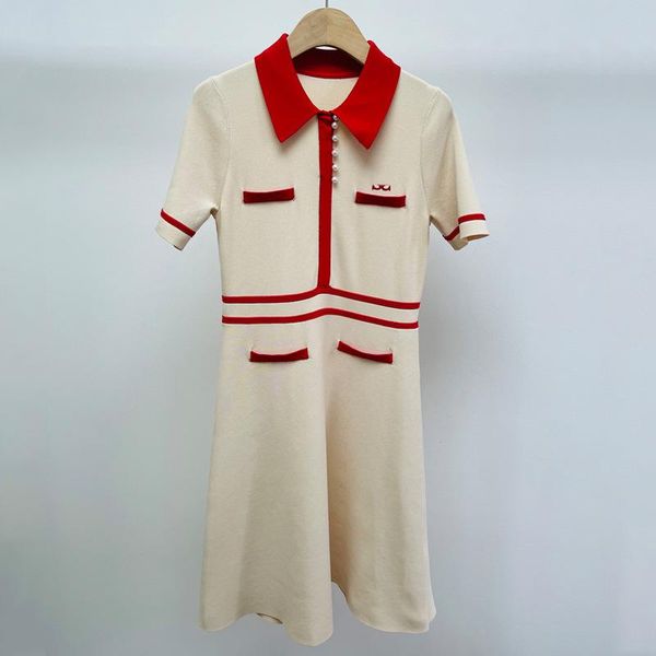 

casual dresses french s family 2021 spring and summer women's college wind contrast collar pearl buckle knitted short sleeve dress, Black;gray