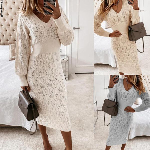 

casual dresses 2021 beige sweater dress woman autumn elastic long sleeve v neck elegant hollow midi party knitted fashion, Black;gray