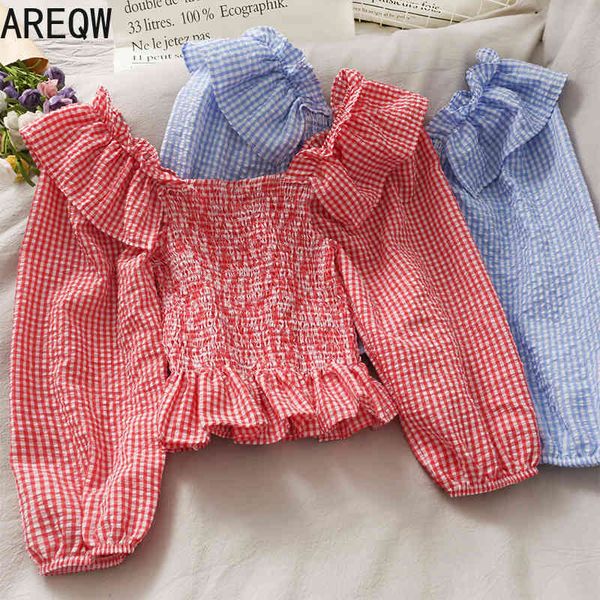 

french niche short-style square collar lotus leaf side shirt women's spring korean version slim plaid long-sleeved 210507, White