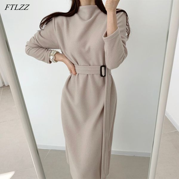 

spring autumn office lady stand collar sash tie up knitting dress women split with belt 210423, Black;gray