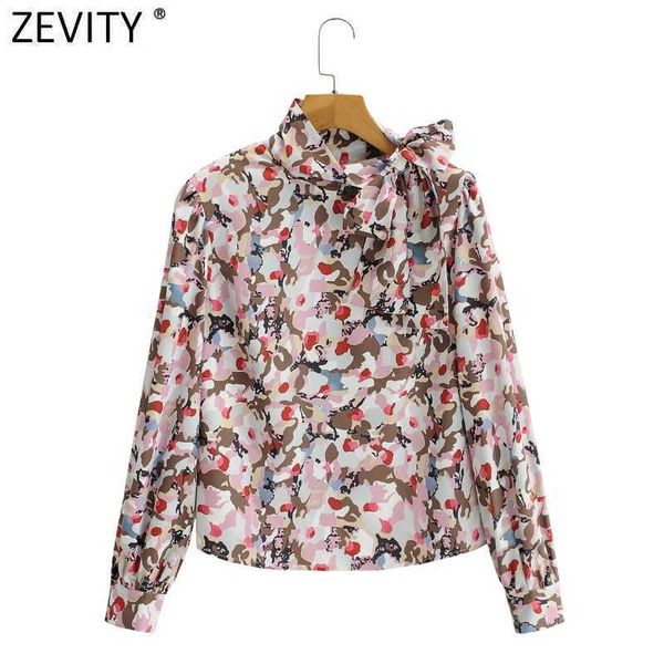 

zevity women sweet bow tied stand collar flower print casual smock blouse female puff sleeve shirts roupas chic ls9093 210603, White